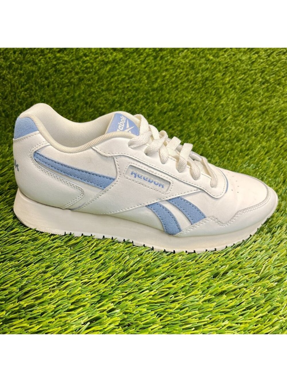 Reebok‎ Glide Mens Size 5.5 White Blue Athletic Leather Walking Shoes Sneakers